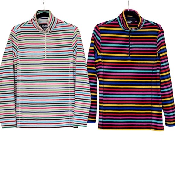 Lot of 2 Lands End Colorful Striped Quarter Zip Fleece Pullovers Sz M (10-12) - Picture 1 of 14